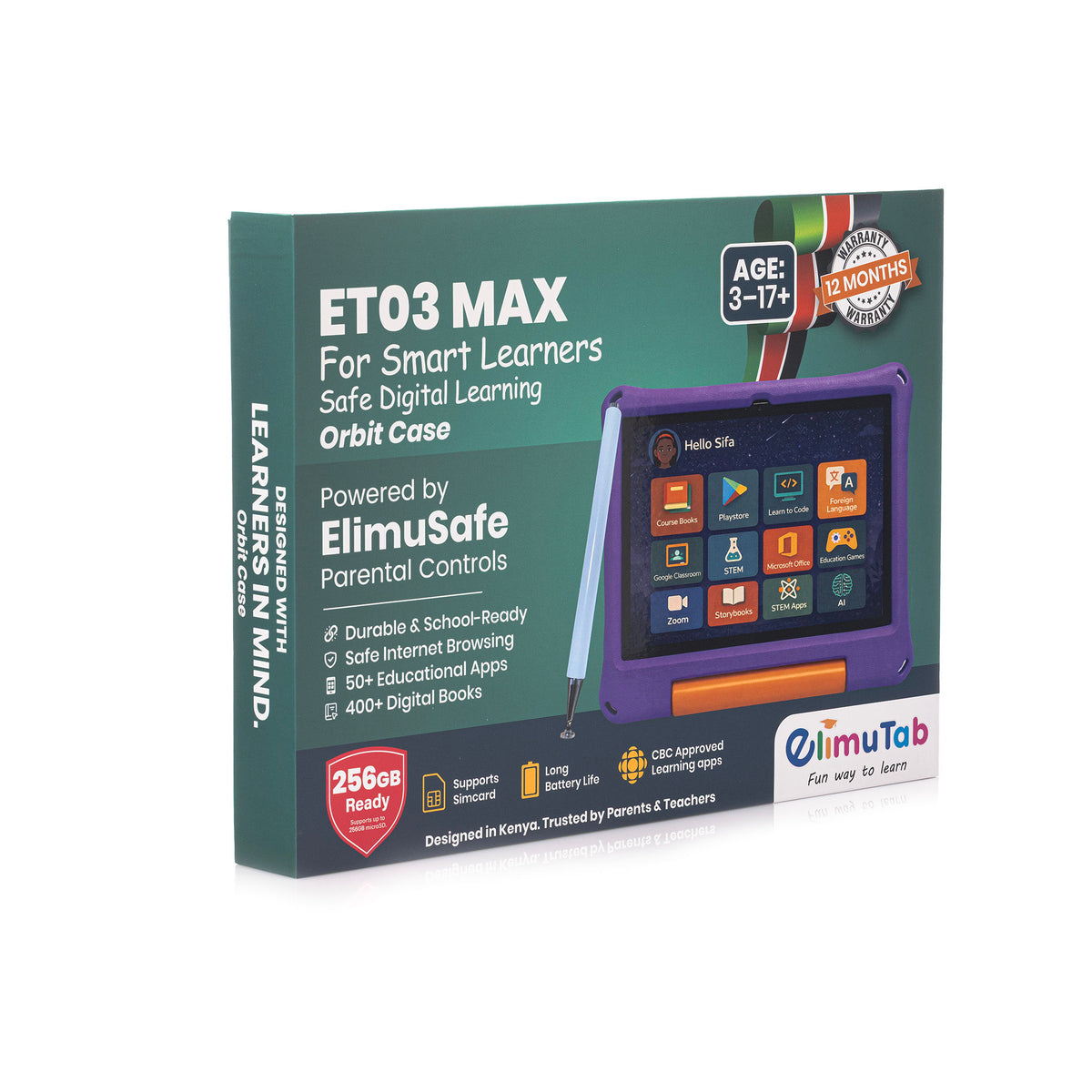 Elimutab ET03 Pro Kids Tablet 10.1 Inch 32GB | CBC Learning Tablet in Puffed Stand Case, 4G SIM, Ages 3 to 17