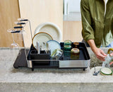 Joseph Joseph Extend Steel Plus dish rack expanded and loaded with dishes
