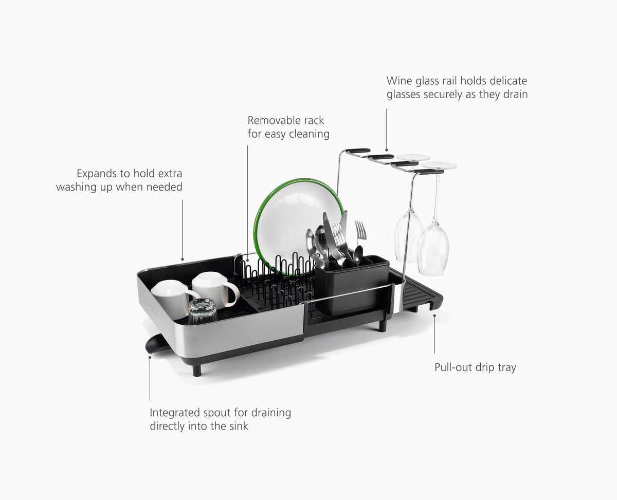 Joseph Joseph Extend Steel Plus dish rack feature infographic