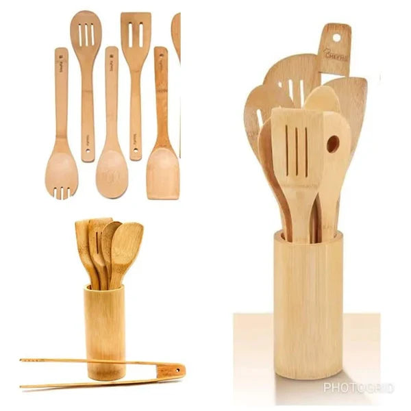 Cast Iron Kitchen Set: 7 Piece Enamel Cast Iron Pots, Bamboo Spoon Set and Sizzling Plate