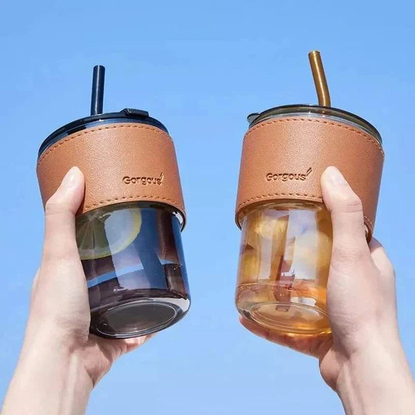 450ml Glass Summer Cup with Leather Cover