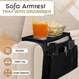 Couch arm rest organizer with top tray and pockets