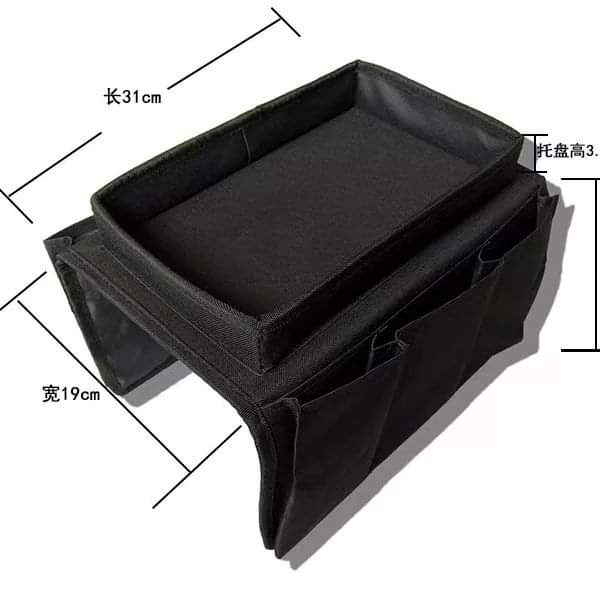 Couch arm rest organizer with top tray and pockets