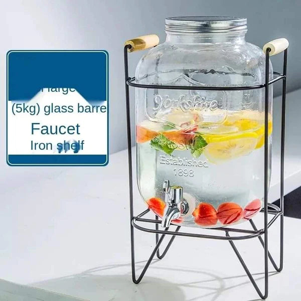 Glass beverage barrel with tap + metallic stand