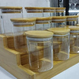 12pcs glass spice jar set with a brown bamboo stand