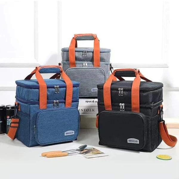 Office Lunch Set: 3 Grid Glass Lunch Box and Double Compartment Insulated Bag