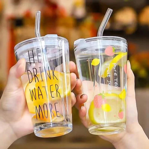 Round Transparent Borosilicate Drinking Glass Cup/Tumbler with lid + Straw