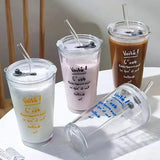 Round Transparent Borosilicate Drinking Glass Cup/Tumbler with lid + Straw