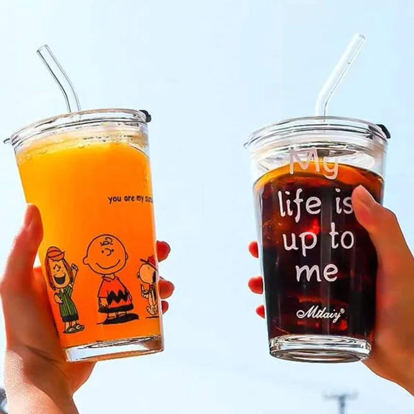 Round Transparent Borosilicate Drinking Glass Cup/Tumbler with lid + Straw