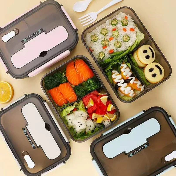 Kids School Lunch Set: 3 Grid Lunch Box and Cartoon Cooler Bag