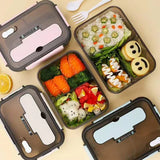 Kids School Lunch Set: 3 Grid Lunch Box and Cartoon Cooler Bag