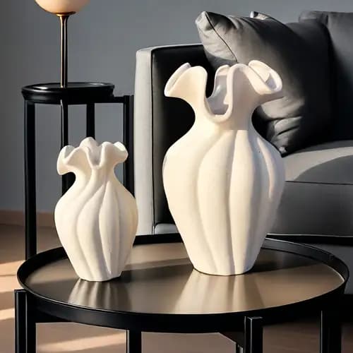 French High-End Retro Art Decoration White Petal Shaped Ceramic Vase