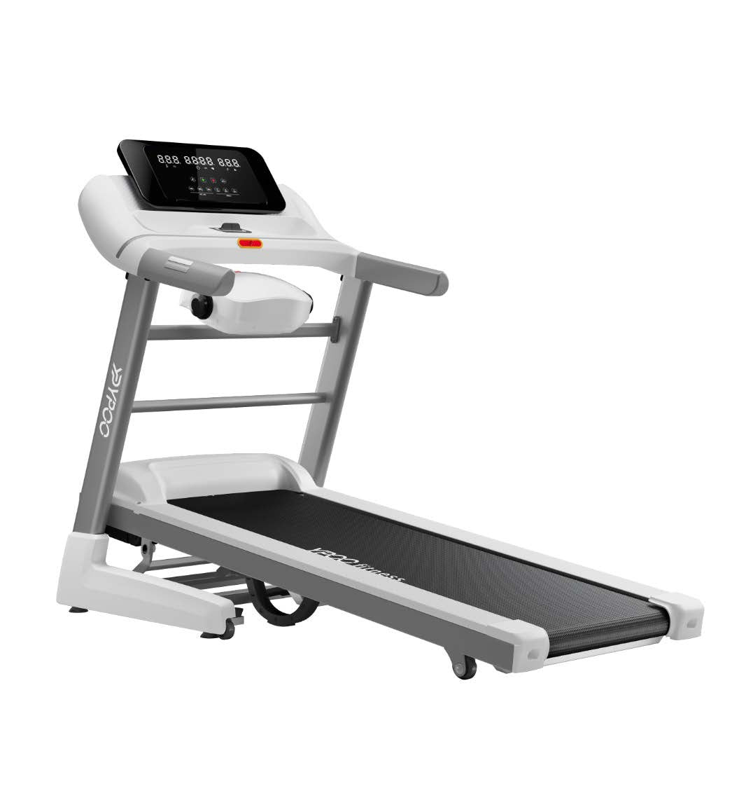 Silver and white GTS2 PRO treadmill with LCD console, auto incline and built-in massage belt