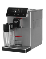 Gaggia Magenta Prestige bean to cup coffee machine in Glazed Grey with milk carafe, angled still-life view