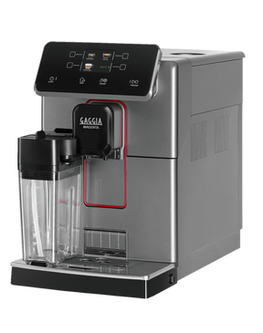 Gaggia Magenta Prestige bean to cup coffee machine in Glazed Grey with milk carafe, angled still-life view