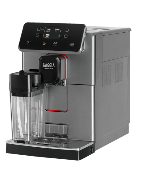 Gaggia Magenta Prestige bean to cup coffee machine in Glazed Grey with milk carafe, angled still-life view