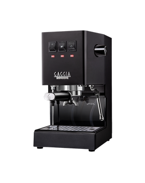 Gaggia Classic E24 manual espresso machine in Thunder Black, three-quarter front view on a white background