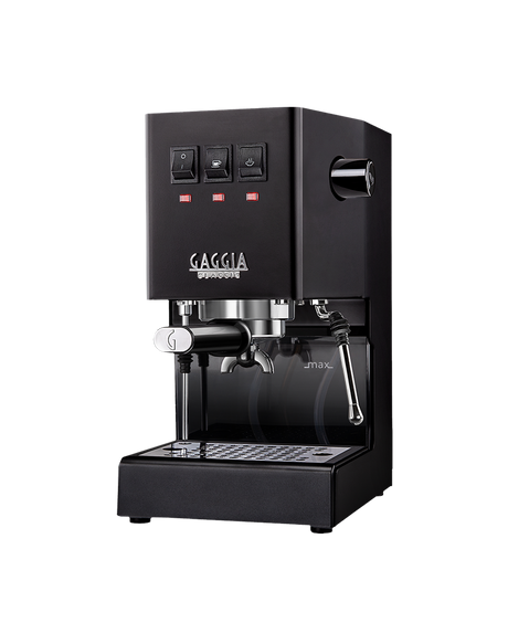 Gaggia Classic E24 manual espresso machine in Thunder Black, three-quarter front view on a white background