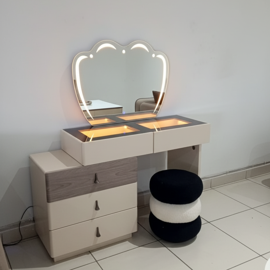 Large Modern Vanity Desk with LED Mirror Light Chair and Storage Shelves for Makeup and Grooming