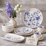 Danny Home 32-Piece Porcelain Dinnerware Set | Blue Floral Gold Edge Dinner Set with Cups, Saucers, Bowls & Oval Platter