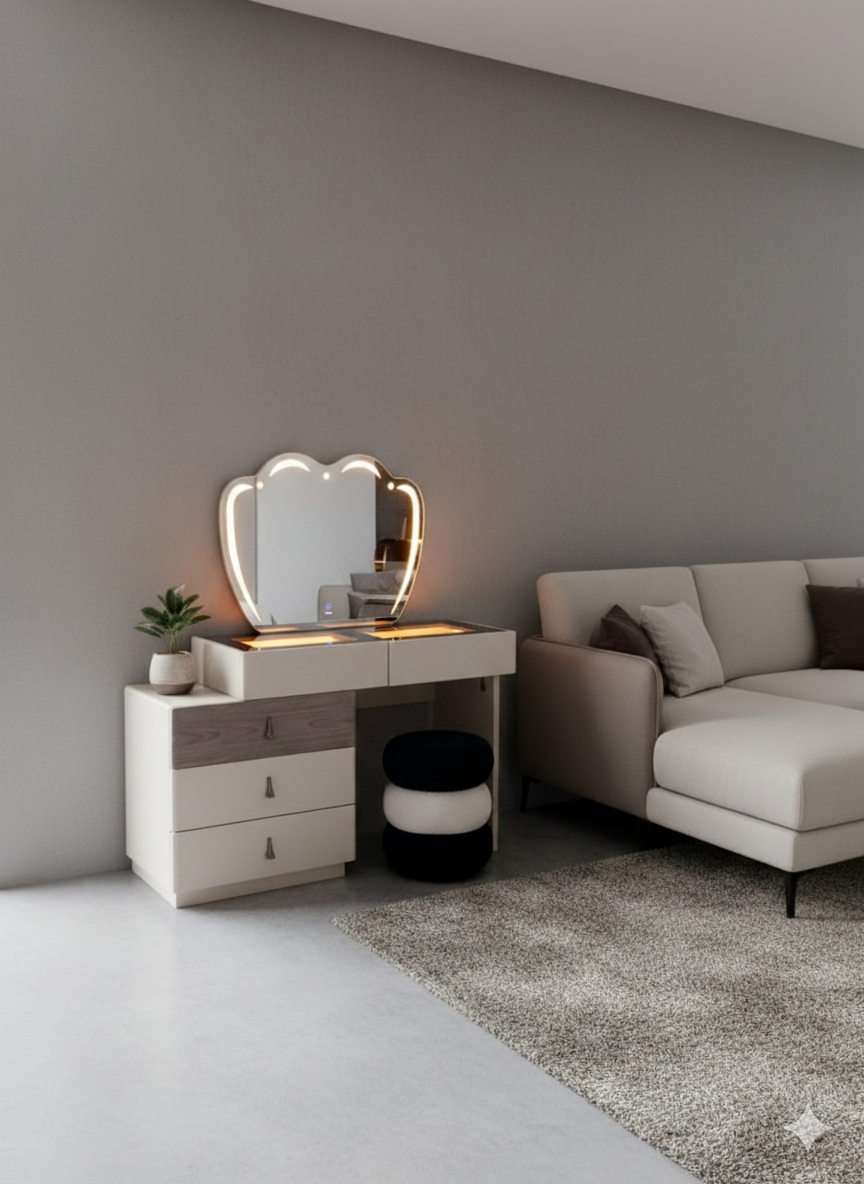 Large Modern Vanity Desk with LED Mirror Light Chair and Storage Shelves for Makeup and Grooming