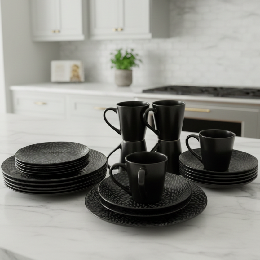 Black Leaf Pattern Ceramic Dinner Set 24 Pieces Dinner Plates Side Plates Bowls Mugs for Daily Use