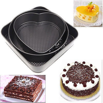 Springform Pan Set 3 Pieces | Heart, Round & Square Non-Stick Cheesecake Baking Cake Pans