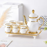 8 Pcs Gold Rim Porcelain Tea Cup Set with Teapot and Serving Tray Ceramic Coffee and Tea Set