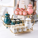 8 Pcs Gold Rim Porcelain Tea Cup Set with Teapot and Serving Tray Ceramic Coffee and Tea Set