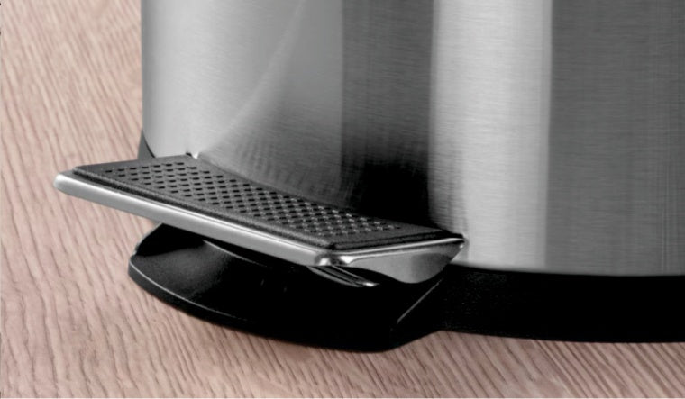 Close-up of the steel foot pedal on a Bon Appetit stainless steel dustbin