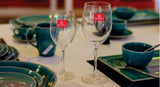 Bon Appetit crystal cold cut fine rim wine stemglasses on a laid table with teal dinnerware