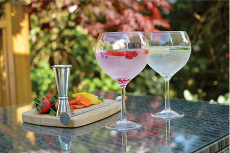 Two Bon Appetit 69cL balloon gin and tonic glasses with strawberry and citrus garnish in a garden