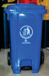 Blue 120L Bon Appetit wheelie bin in use indoors, showing pedal and wheels