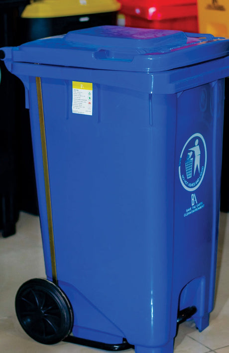 Close view of blue 120L Bon Appetit wheelie bin lid and Save The Earth branding