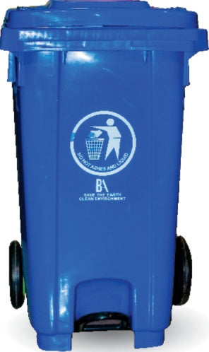 Bon Appetit blue 120L two-wheel step-on wheelie bin, front view