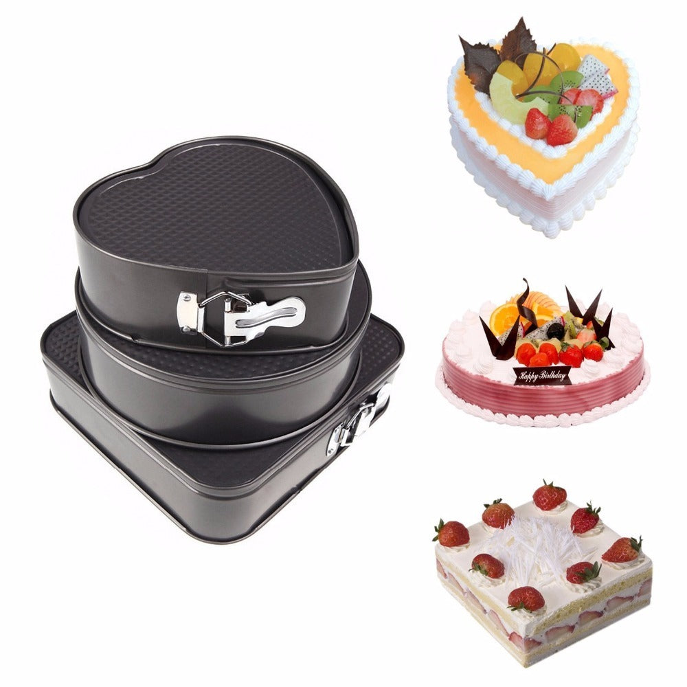 Springform Pan Set 3 Pieces | Heart, Round & Square Non-Stick Cheesecake Baking Cake Pans