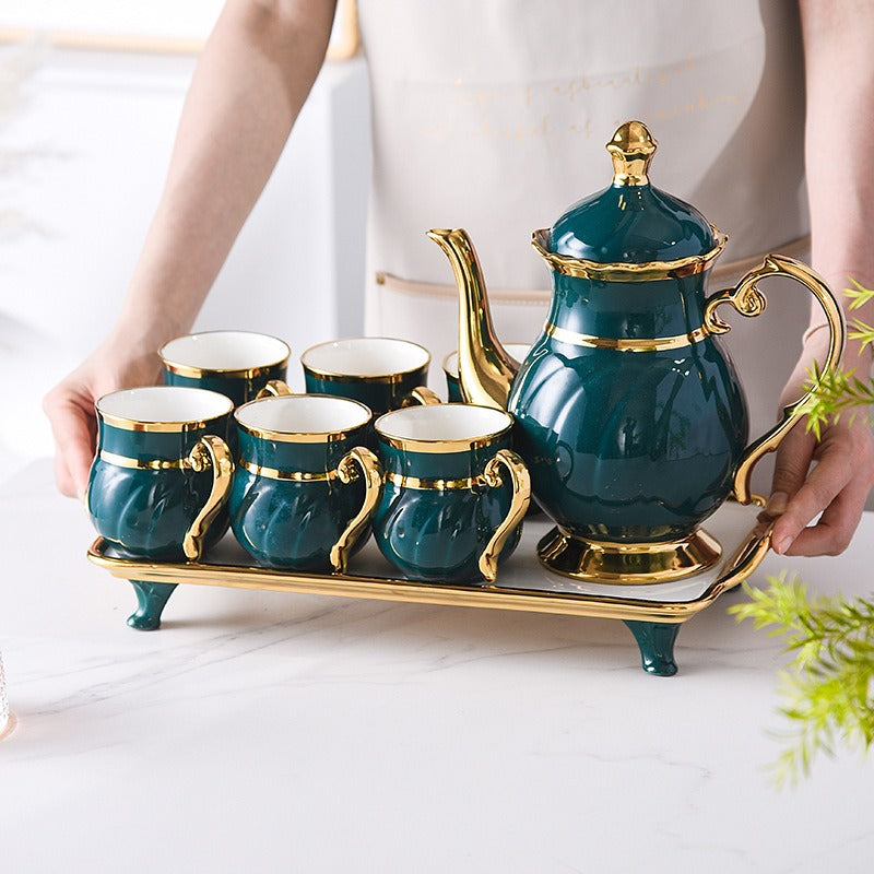 8 Pcs Gold Rim Porcelain Tea Cup Set with Teapot and Serving Tray Ceramic Coffee and Tea Set