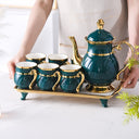 8 Pcs Gold Rim Porcelain Tea Cup Set with Teapot and Serving Tray Ceramic Coffee and Tea Set
