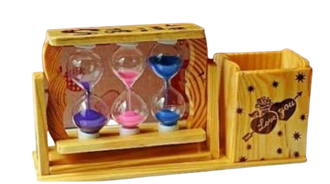 Handicraft Wooden Pen Stand with 3 Hourglass Timer