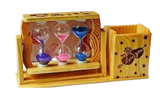 Handicraft Wooden Pen Stand with 3 Hourglass Timer