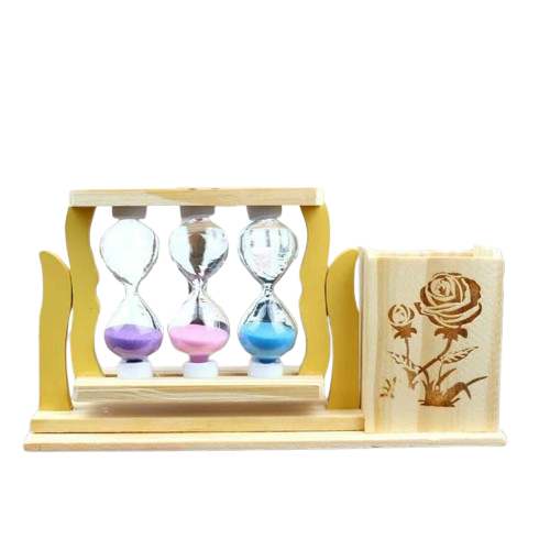 Handicraft Wooden Pen Stand with 3 Hourglass Timer