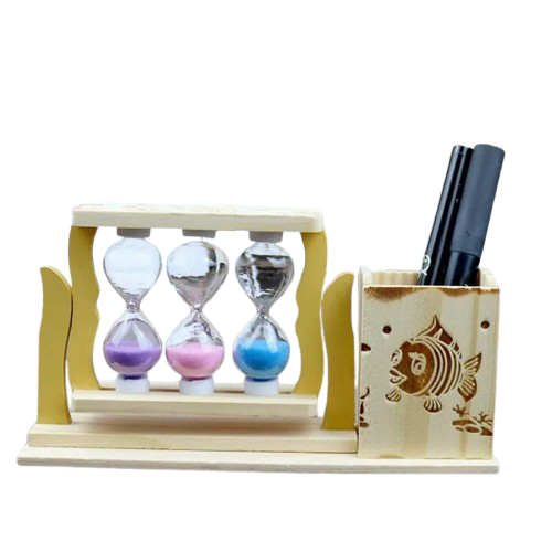 Handicraft Wooden Pen Stand with 3 Hourglass Timer