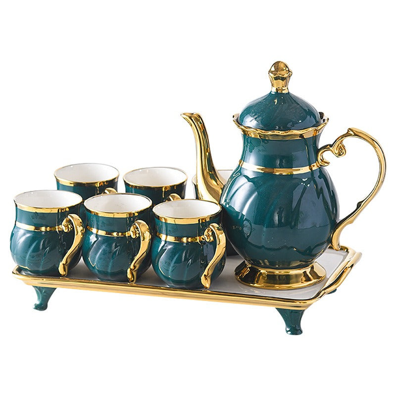 8 Pcs Gold Rim Porcelain Tea Cup Set with Teapot and Serving Tray Ceramic Coffee and Tea Set