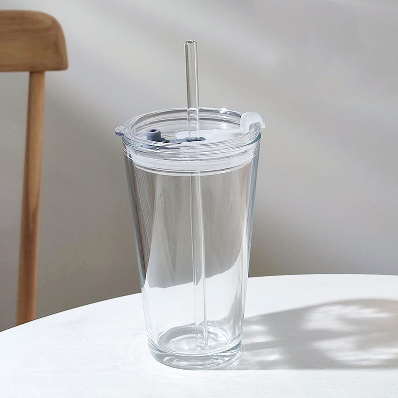 Round Transparent Borosilicate Drinking Glass Cup/Tumbler with lid + Straw