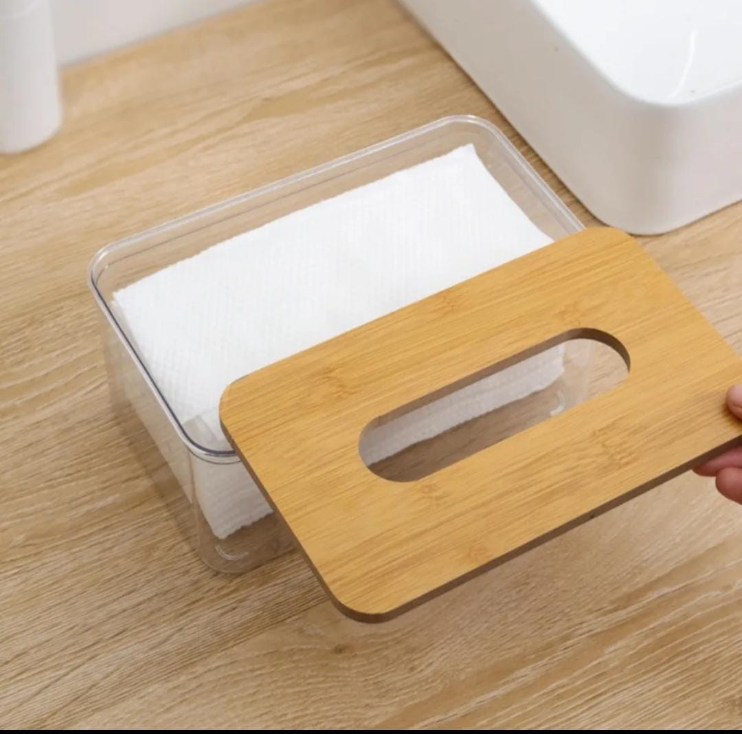 Acrylic transparent serviette holder with bamboo cover.