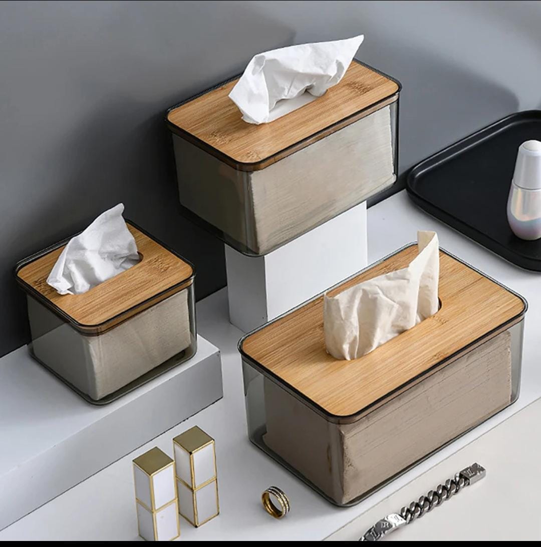 Acrylic transparent serviette holder with bamboo cover.
