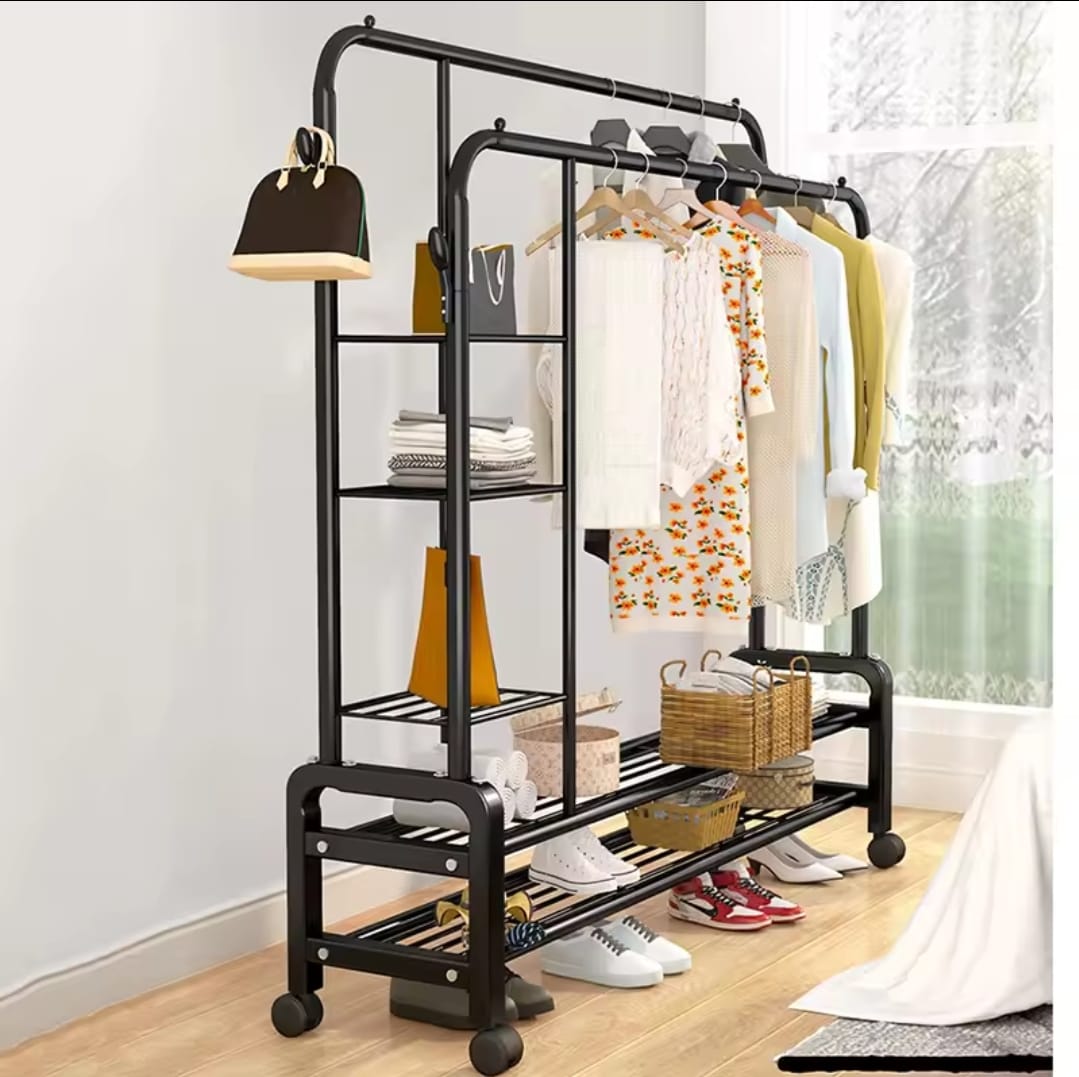 Double Layer Garment Rack Floor  Standing Clothes Hanger