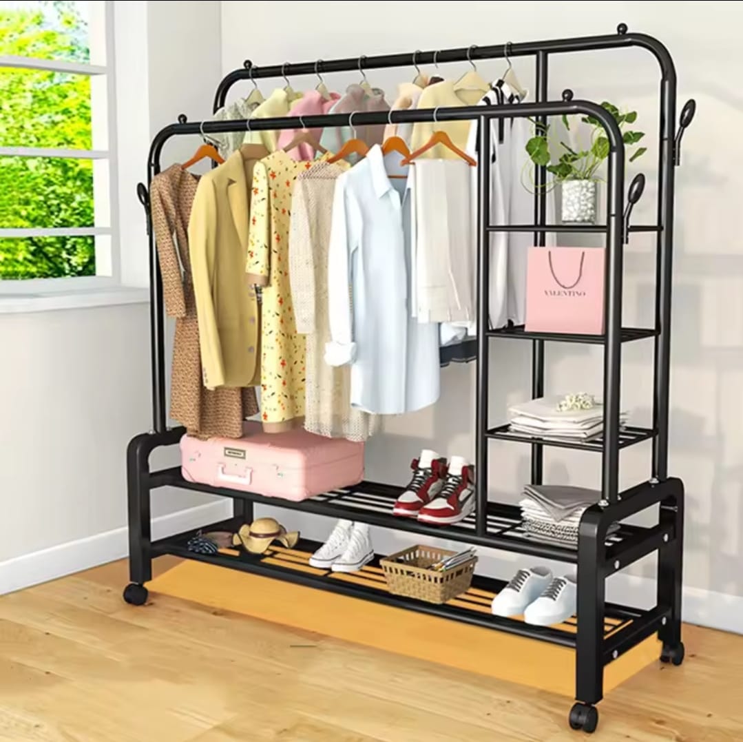 Double Layer Garment Rack Floor  Standing Clothes Hanger
