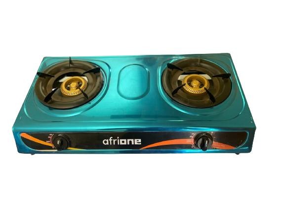 A double-burner gas stove with a tempered glass surface
