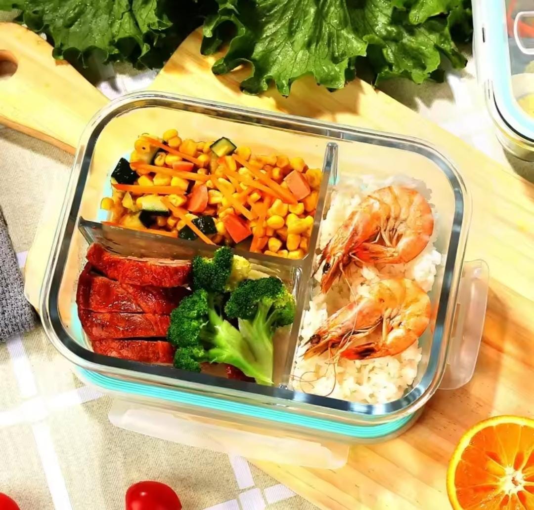 580ml High Borosilicate Glass Partitioned Lunch Box with Airtight Lid for Meal Prep